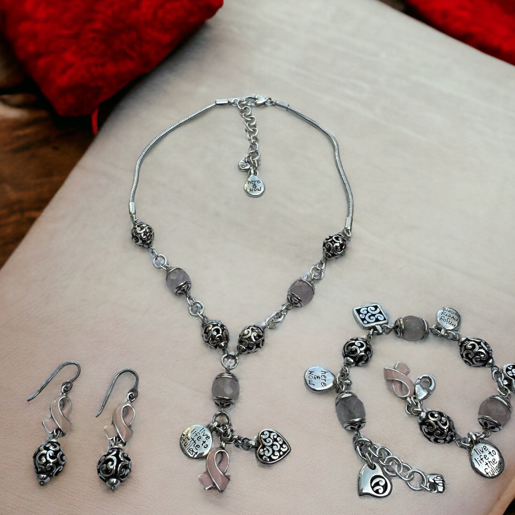 Brighton Power Of Pink Rose Quartz Necklace Earrings Bracelet Set.